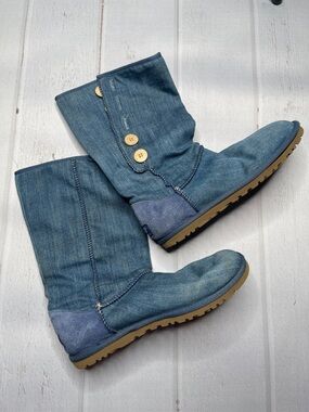 Ugg Denim Foldover Boots 7 Ladies Buttons Blue Tall Logo